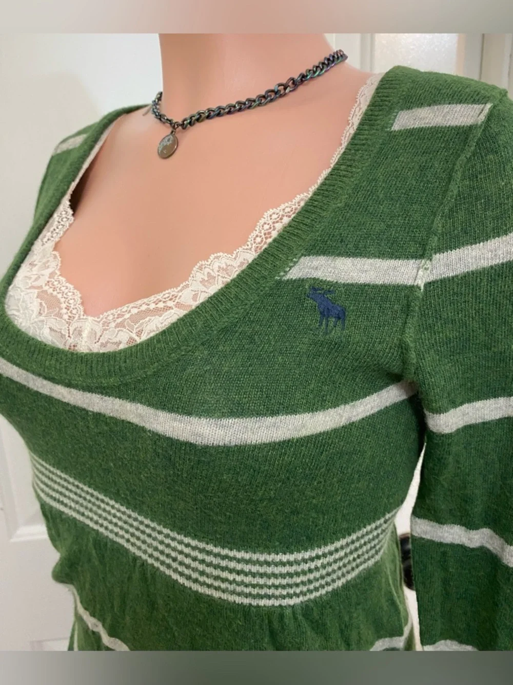 Y2k vintage Abercrombie green and white striped babydoll long sleeve sweater - Picture 4 of 15